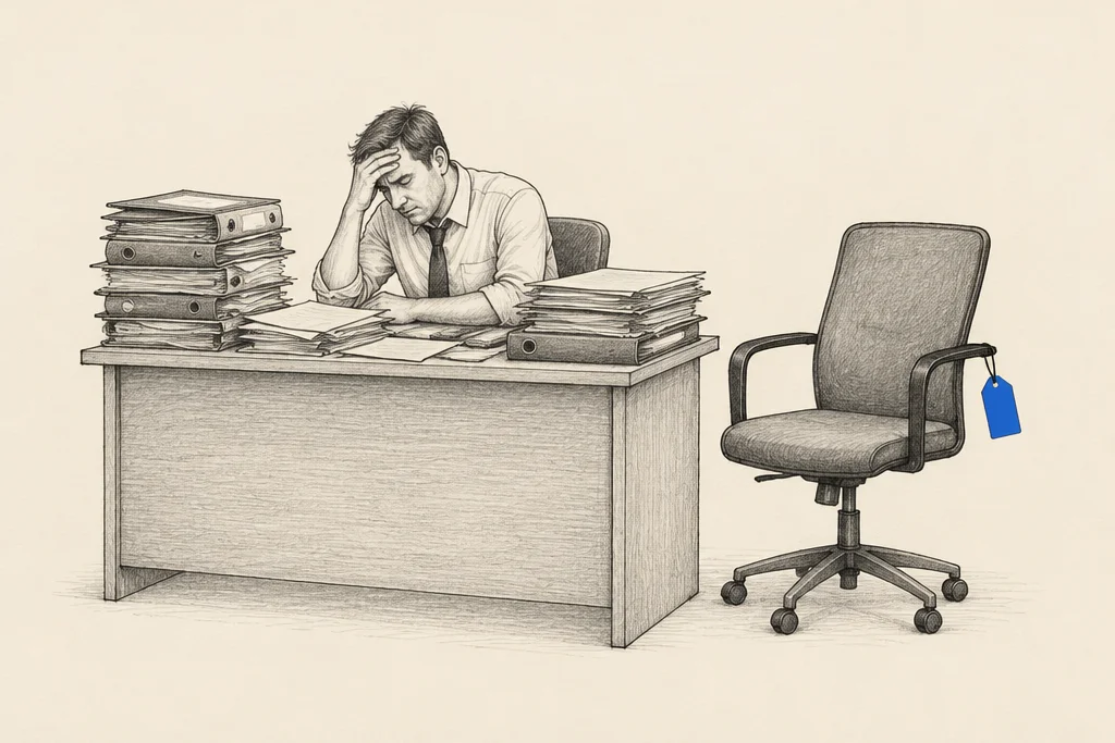 Hand drawn sketch: A tired business owner at a desk piled with papers, next to an empty office chair with a small blue price tag on it