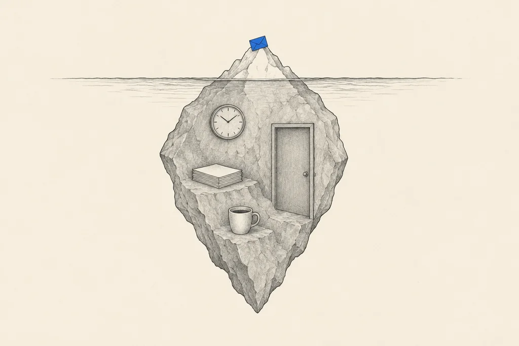 Hand drawn sketch: An iceberg with a small blue envelope on its tip and a huge hidden part under the water holding a clock, papers, a cup and a door