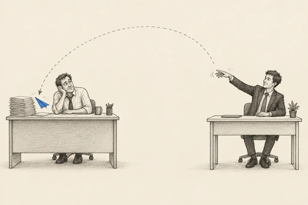Hand drawn sketch: A young man in a suit throwing a blue paper plane that curves back and lands on the desk of a tired business owner