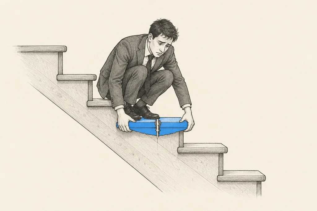 Hand drawn sketch: A new employee in a suit crouching on a cracked blue step in the middle of a staircase, holding both halves together