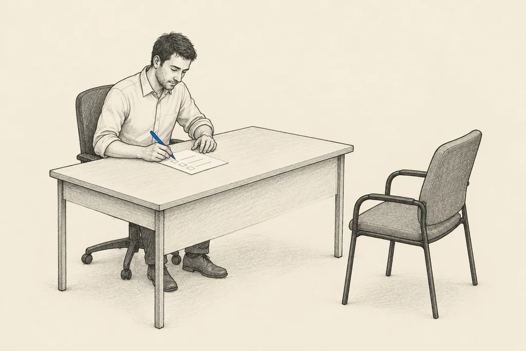 Hand drawn sketch: A business owner writing a short list of tick boxes with a blue pen while an empty chair waits beside the desk