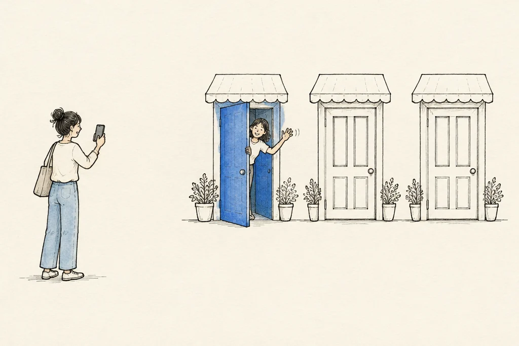 Hand drawn sketch: A woman holding a phone in front of 3 doors, and only the first door is open with someone waving