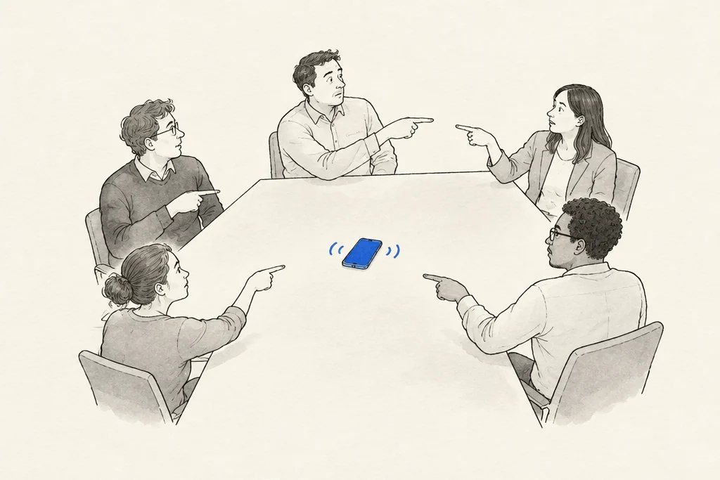 Hand drawn sketch: People around a table each pointing at someone else while a phone rings in the middle
