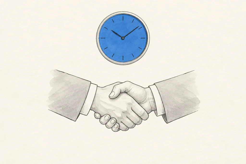 Hand drawn sketch: 2 hands shaking under a round wall clock