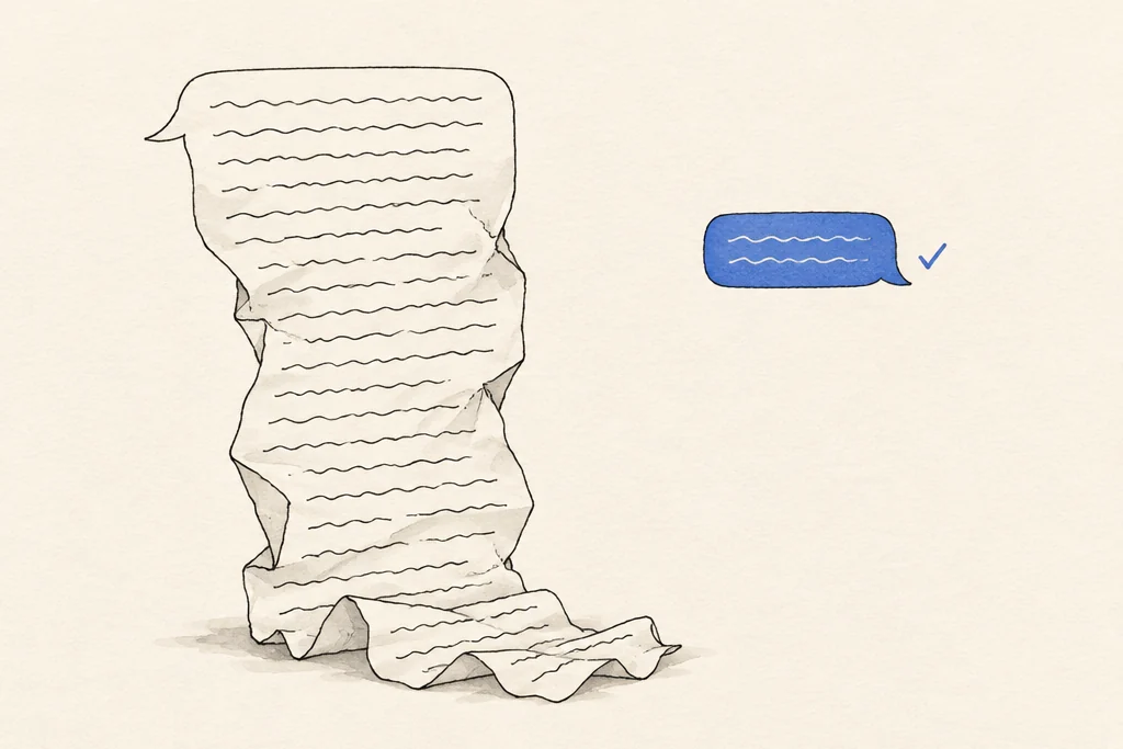 Hand drawn sketch: A huge crumpled message bubble next to a small neat message bubble with a tick