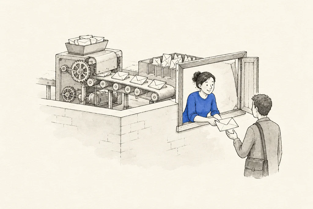 Hand drawn sketch: A machine sorting envelopes behind a wall while a person at a window hands 1 envelope to a visitor
