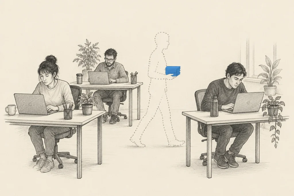 Hand drawn sketch: An office with 3 people working at laptops, and a faint dotted outline of a fourth worker walking between the desks carrying a blue stack of papers