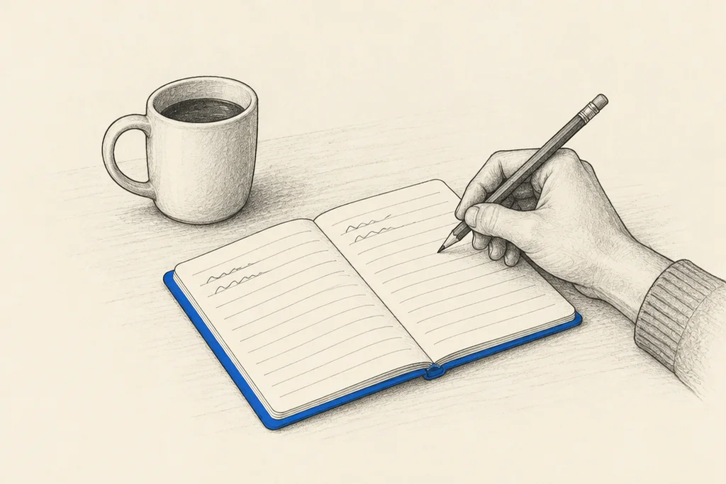 Hand drawn sketch: A hand writing with a pencil in an open blue notebook next to a mug of coffee