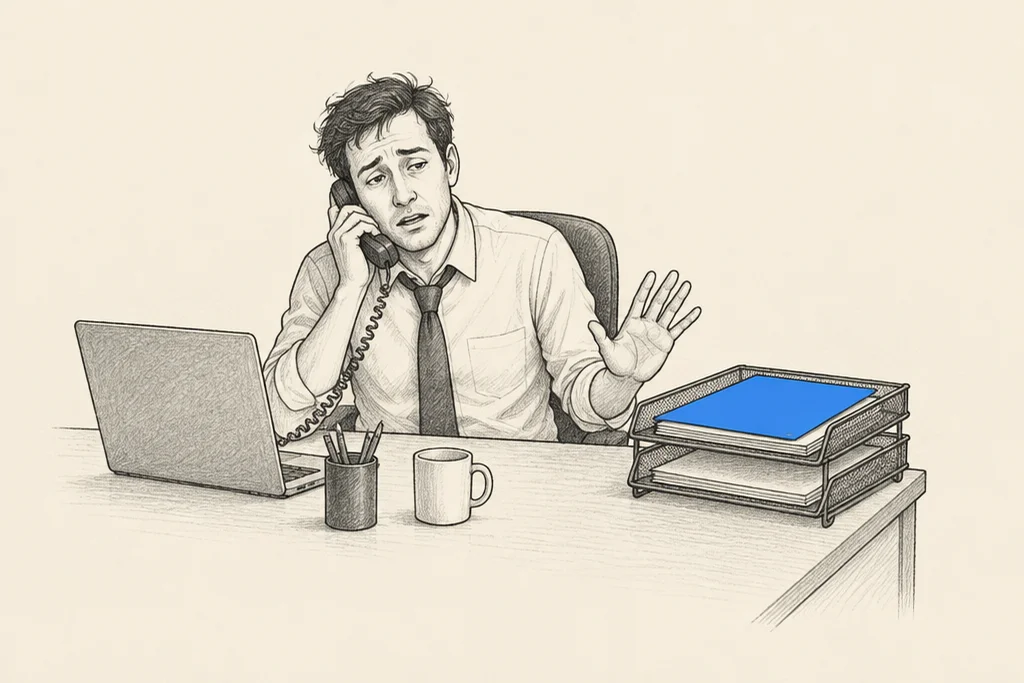 Hand drawn sketch: A tired office worker on the phone asking for a file, while the same file sits in a blue folder in the tray beside him
