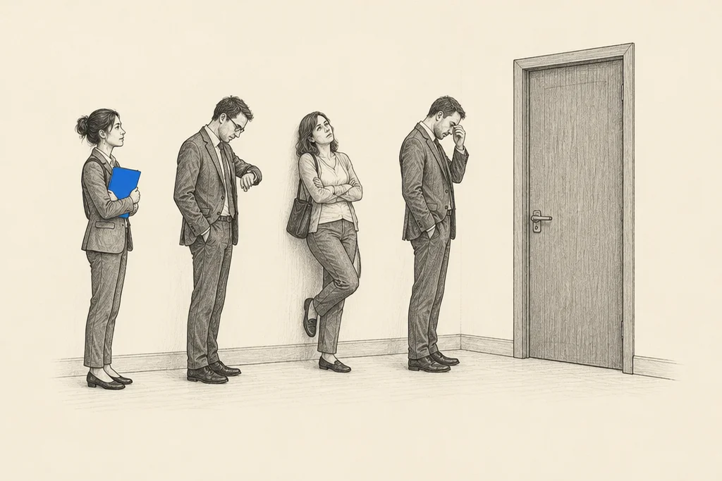 Hand drawn sketch: 4 office workers waiting in a line outside a closed office door, 1 of them holding a blue folder