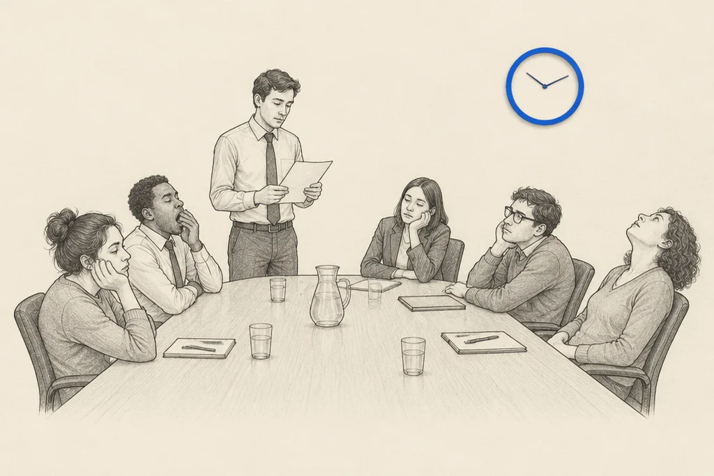 Hand drawn sketch: A meeting room where 1 person reads from a paper while 5 others look bored, under a blue wall clock
