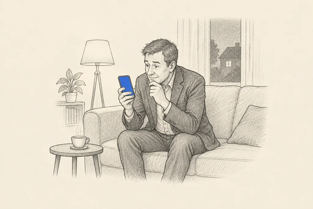 Hand drawn sketch: A businessman on a sofa in the evening asking his phone a question, a cup of tea beside him
