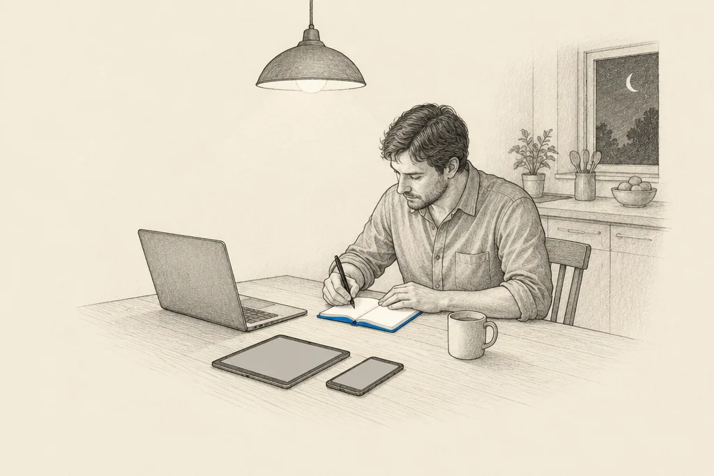 Hand drawn sketch: A man at a kitchen table at night with a laptop, a tablet and a phone side by side, writing in a small blue notebook