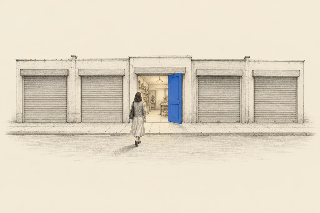 Hand drawn sketch: A row of 5 small shops with 4 shutters down and 1 blue door open with the light on, a woman walking toward it