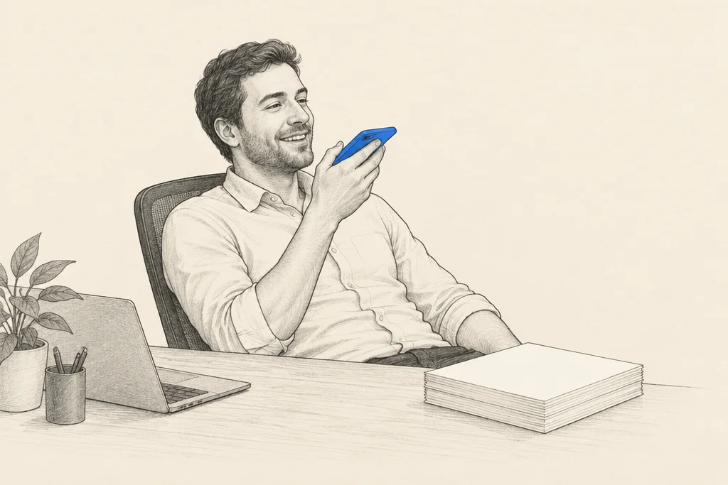 Hand drawn sketch: A smiling business owner leaning back in his chair recording a voice note on a blue phone, a stack of blank pages on his desk