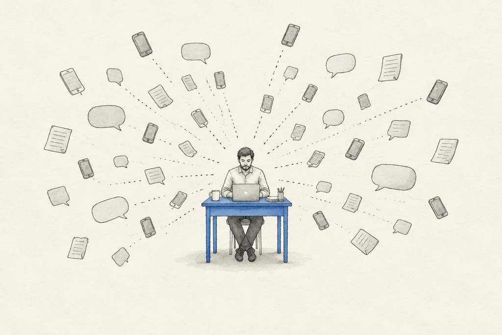 Hand drawn sketch: A man at a desk with phones, notes and messages coming at him from every side