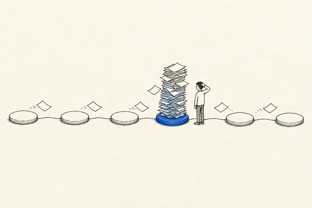 Hand drawn sketch: 6 stepping stones in a row with a pile of papers stuck at one of them