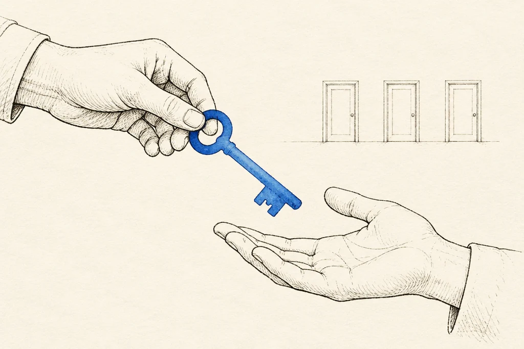 Hand drawn sketch: 1 hand passing a key to another hand