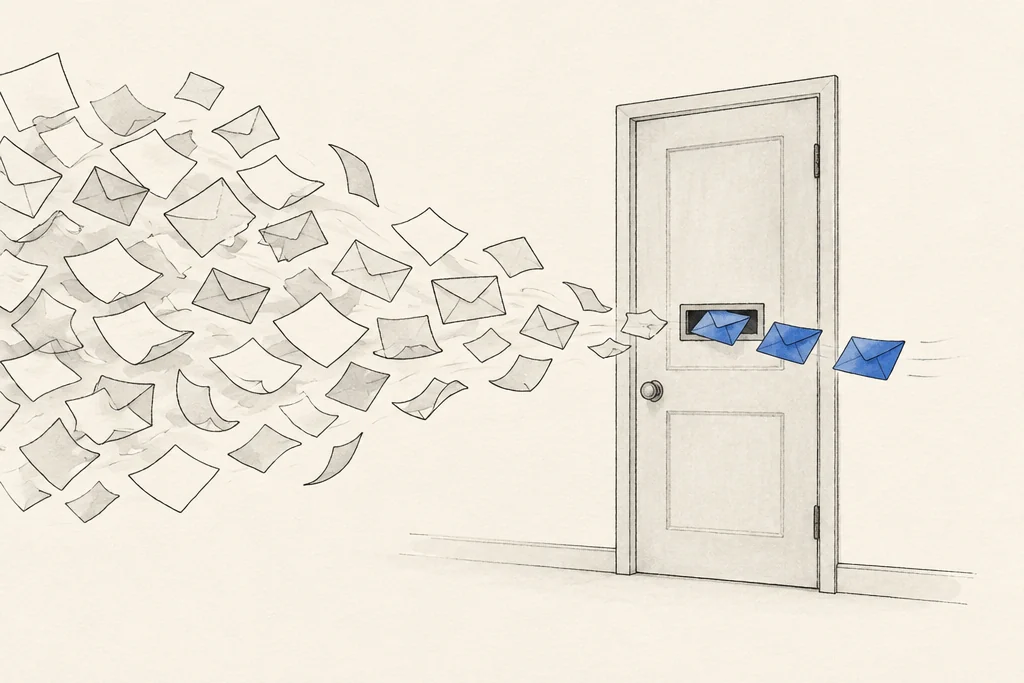 Hand drawn sketch: A closed door with a letter slot, many notes outside and only 3 envelopes passing through