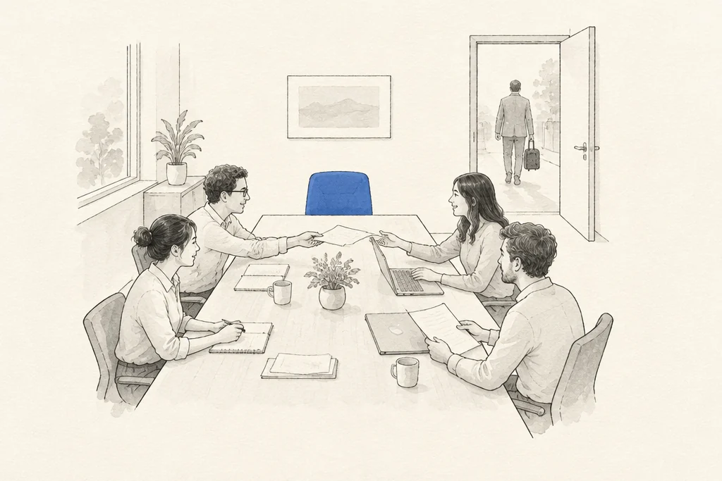 Hand drawn sketch: A team working calmly at a table with 1 empty chair, while the owner walks out with a bag